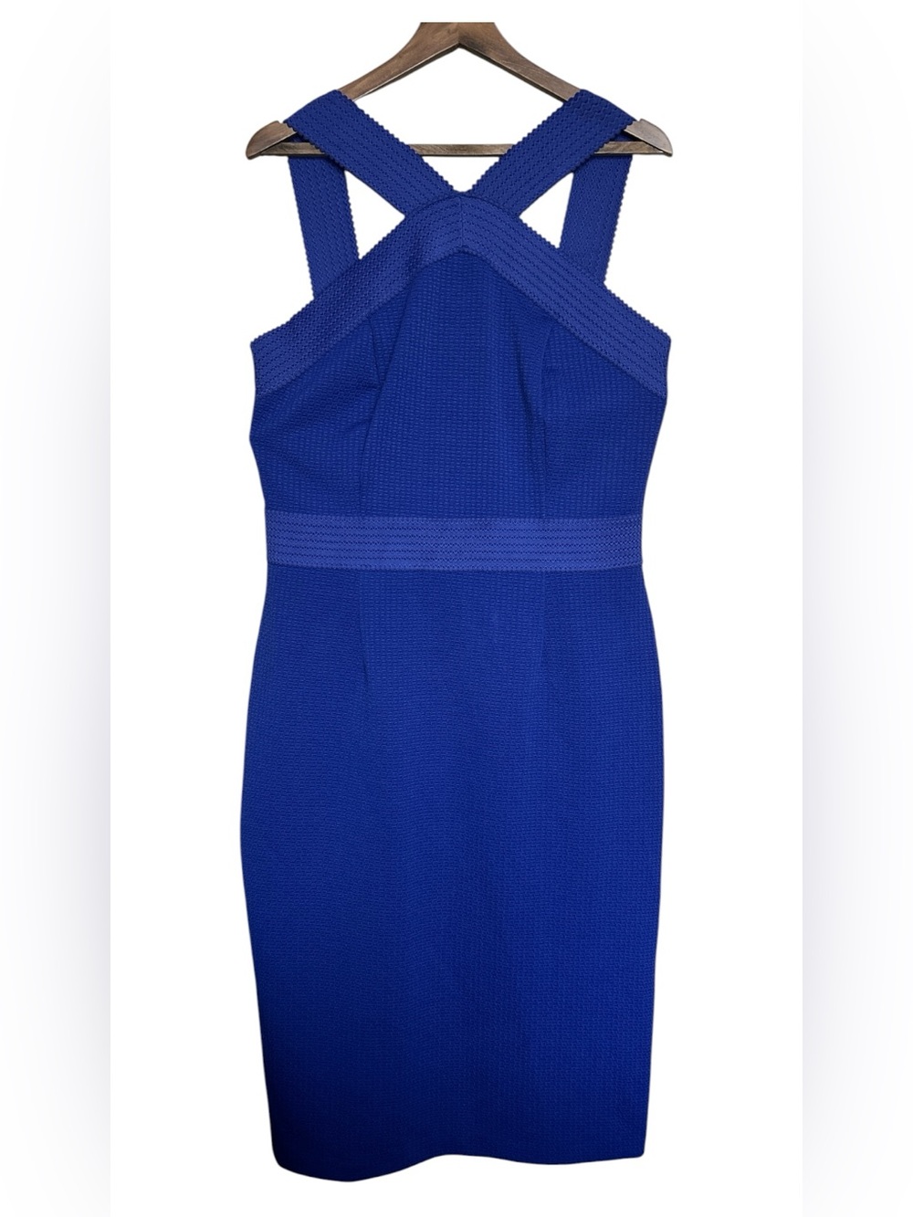 New York & Company Blue Textured Midi Dress With Criss Cross Neckline Size XL